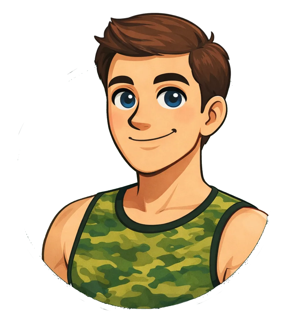 Lessy, a friendly digital host, smiling in a green camouflage top